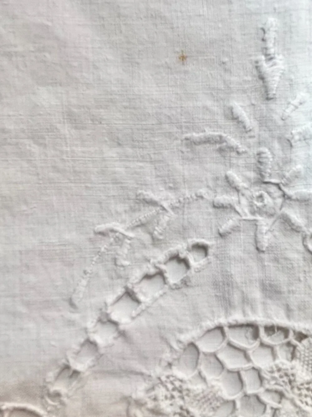 Vintage White Linen Eyelet Embroidered Tablecloth 68 x 84